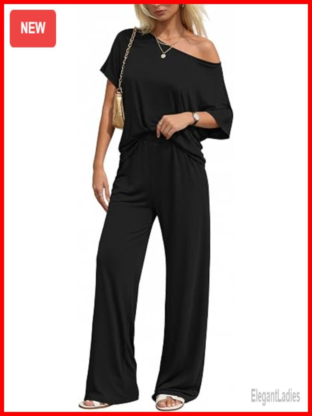 2 Piece Lounge Set - Off Shoulder Top & Wide Leg Pants with Pockets